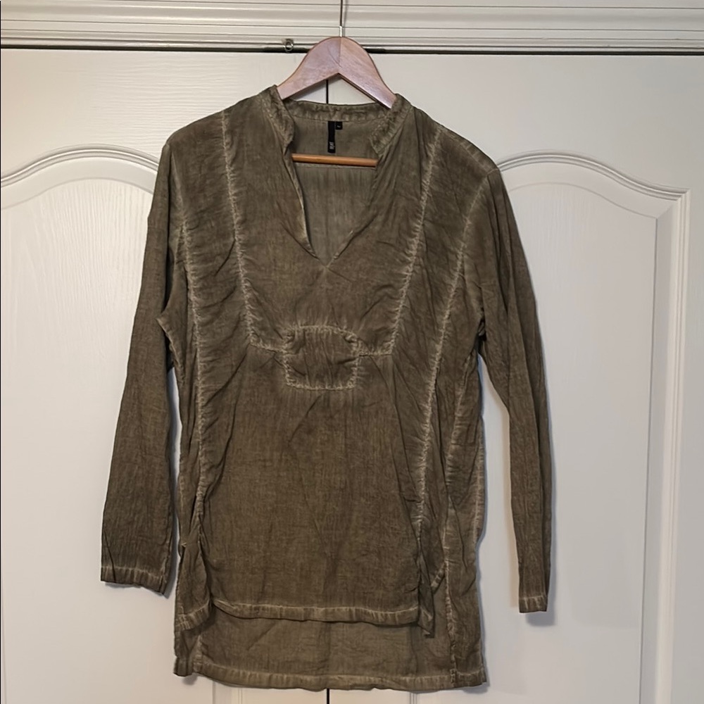 Jarbo Olive Green Cotton Tunic Pullover Lightweight Shirt Boho Side Slit